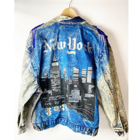 Rare Vtg Painted New York City Jean Jacket Large - Picture 1 of 9